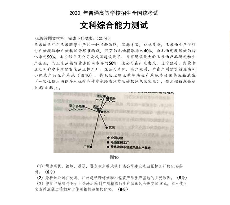 山東三星集團(tuán)玉米油登上了2020全國高考卷！這道題你會怎么答？